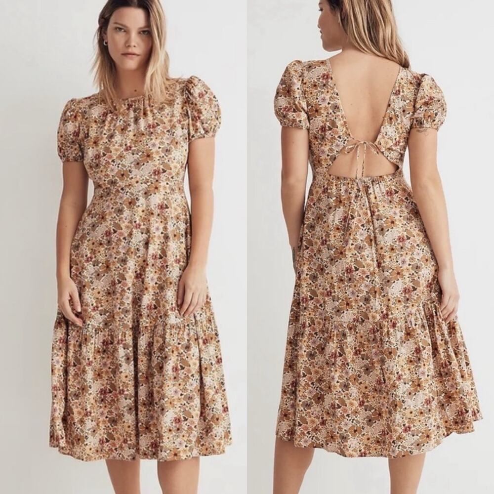 Madewell Floral Midi‎ Dress Open Back Tie Has Pockets Size 12